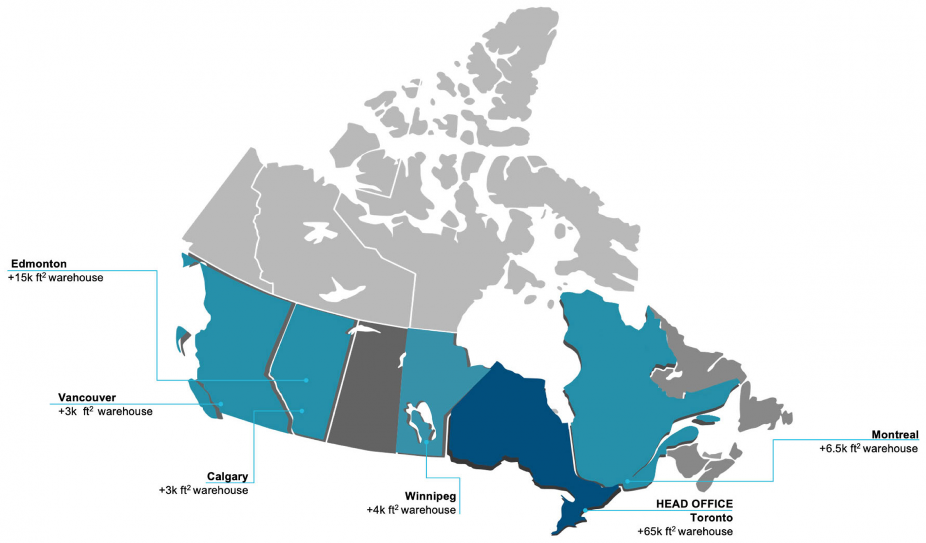 Canadian map showing locations of Pamensky warehouses and head office. Warehouses are indicated in Edmonton, Vancouver, Winnipeg, and Montreal. The head office is indicated to be in Toronto. .