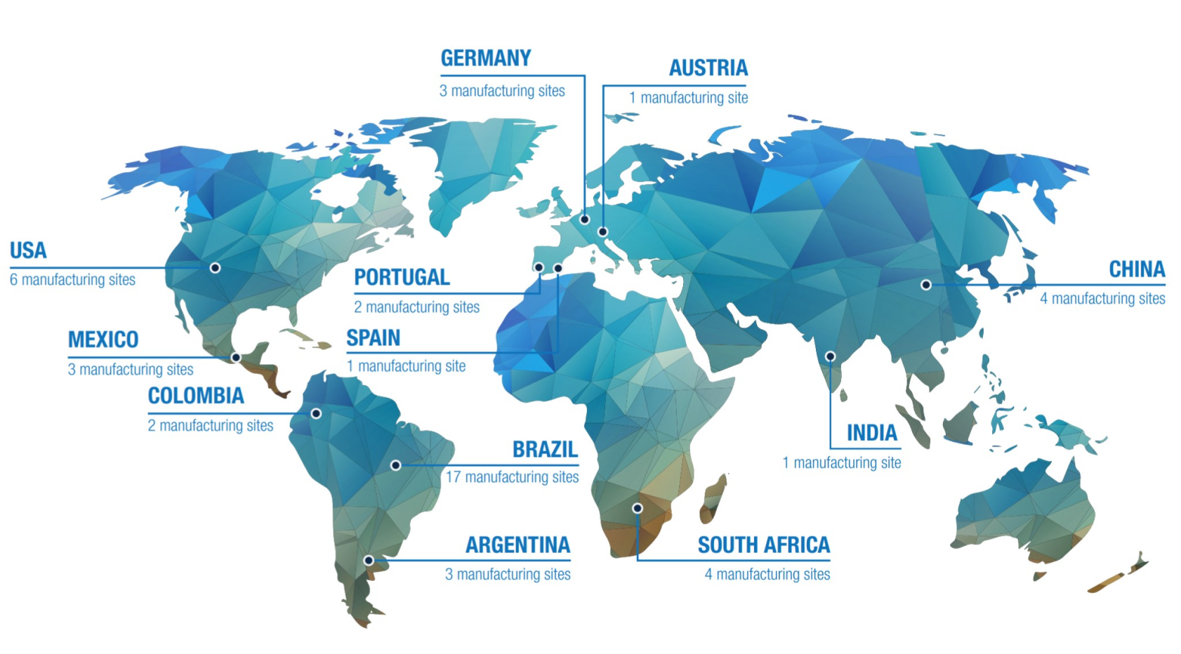 World map indicating WEG manufacturing sites globally: USA has 6, Mexico has 3, Columbia has 2, Germany has 3, Austria has 1, Portugal has 2, Spain has 1, Brazil has 17, Argentina has 3, South Africa has 4, India has 1, and China has 4.