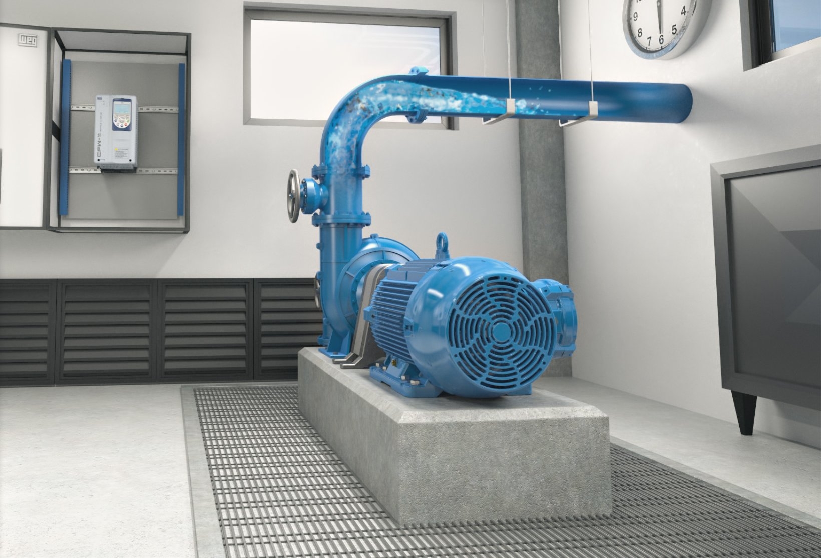 High-efficiency AC motor installed in an industrial pump system with control panel.
