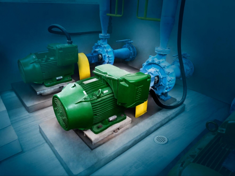 Two industrial electric motors installed on pump systems in a Calgary mechanical room.