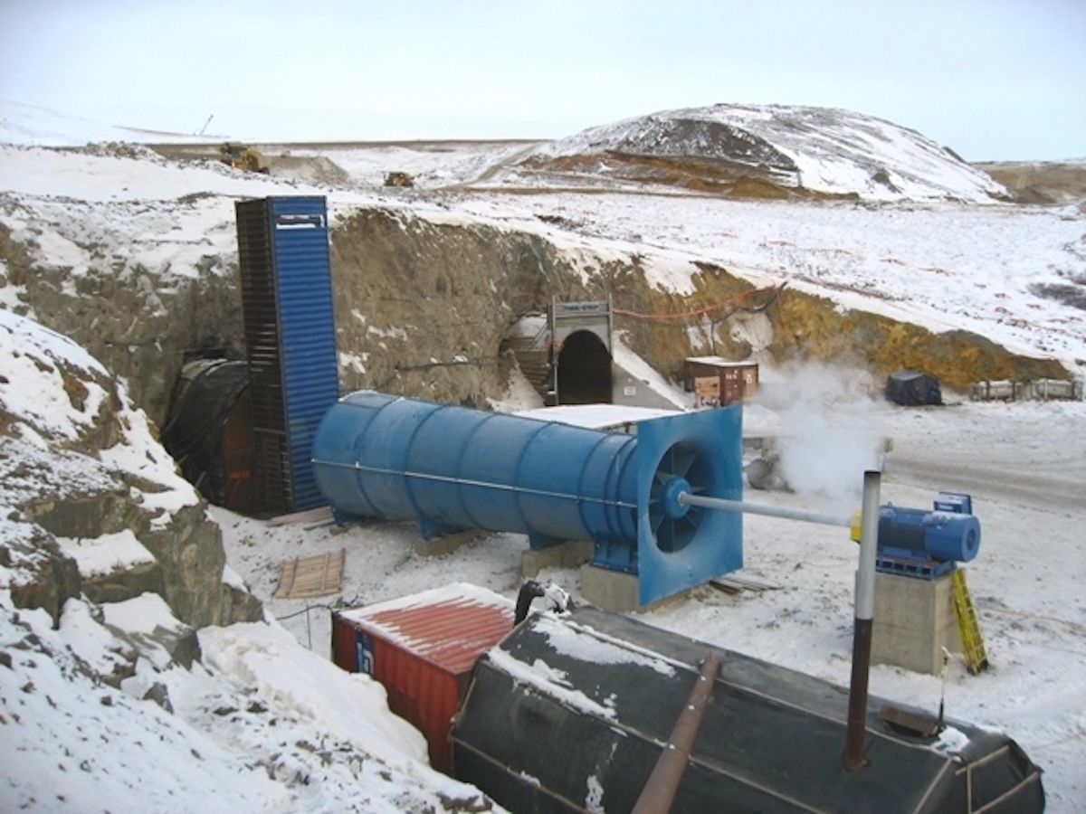 Large industrial ventilation fan and electric motor installed at a mining tunnel site, illustrating WEG motor technology used in industrial automation and heavy-duty applications in Canada.